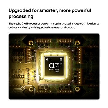 LG NANO 4K UHD AI Prosesor AI 4K 7 AI 4K Gen9 dari LG NANO 4K UHD NU845 bersinar di tengah papan sirkuit kuning, menyoroti pemrosesan AI yang lebih cerdas dan lebih kuat yang meningkatkan kejernihan gambar 4K dengan kontras dan kedalaman yang ditingkatkan.