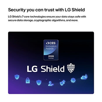 LG Shield, diterapkan pada LG QNED evo AI QNED85, ditampilkan dengan logo LG Shield di tengah, ikon keamanan di bawah, dan lencana CES Innovation Awards Honoree 2026 di atas, yang mewakili perlindungan data dan sistem.