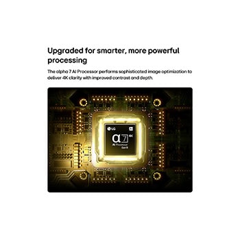 LG NANO 4K UHD AI Prosesor AI 4K 7 AI 4K Gen9 dari LG NANO 4K UHD NU845 bersinar di tengah papan sirkuit kuning, menyoroti pemrosesan AI yang lebih cerdas dan lebih kuat yang meningkatkan kejernihan gambar 4K dengan kontras dan kedalaman yang ditingkatkan.