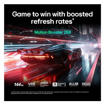 LG QNED evo AI QNED85 for Ultimate Gameplay shows a vibrant, high-speed racing scene with a blurred comparison inset highlighting Motion Booster 288, while supporting 144Hz, VRR, AMD FreeSync, ALLM, HGiG, and GeForce NOW.