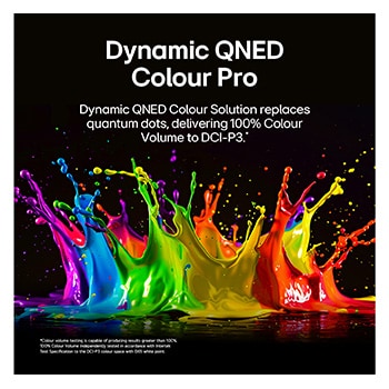 LG QNED evo AI QNED85 with Dynamic QNED Color Pro fills the screen with vivid, fluid bursts of multicolored, paint-like motion, showcasing enhanced color vibrancy certified for 100% Color Volume.