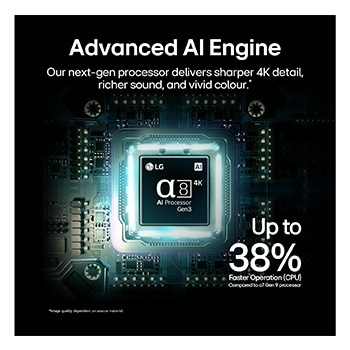 LG QNED evo AI QNED85’s alpha 8 AI Processor 4K Gen3 glows in blue light on a circuit board, highlighting AI processing performance with NPU up to x5.0 faster, CPU 10% faster processing, and 20% larger memory capacity.