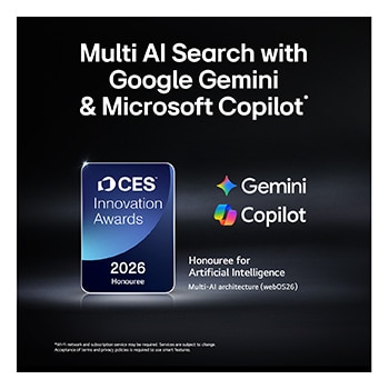 The 2026 CES Innovation Awards Honoree badge in the Artificial Intelligence category recognizes Multi-AI search with Google Gemini and Microsoft Copilot.