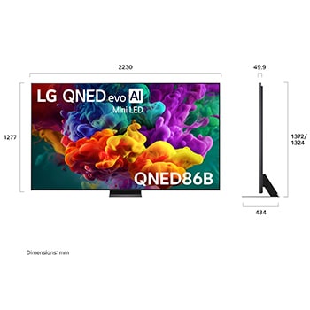 LG QNED evo AI QNED86 shown in front and side views highlights an 75-inch display with a 1677 mm-wide screen, 965 mm screen height, 1042 mm height with stand, a 13.7 mm slim profile depth.
