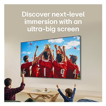 LG QNED evo AI QNED85 Ultra Big TV is wall-mounted in a living room, displaying a sports victory celebration with vivid colors and refined picture quality across the wide screen as a family cheers together.