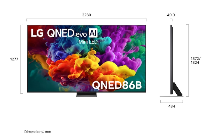 LG QNED evo AI QNED86 shown in front and side views highlights an 86-inch display with a 1928 mm-wide screen, 1108 mm screen height, 1175 mm height with stand, a 30.9 mm slim profile depth.