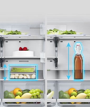 Di dalam kulkas, ice maker dalam ruangan yang ramping disorot dengan warna biru dan lemari es penuh dengan bahan-bahan