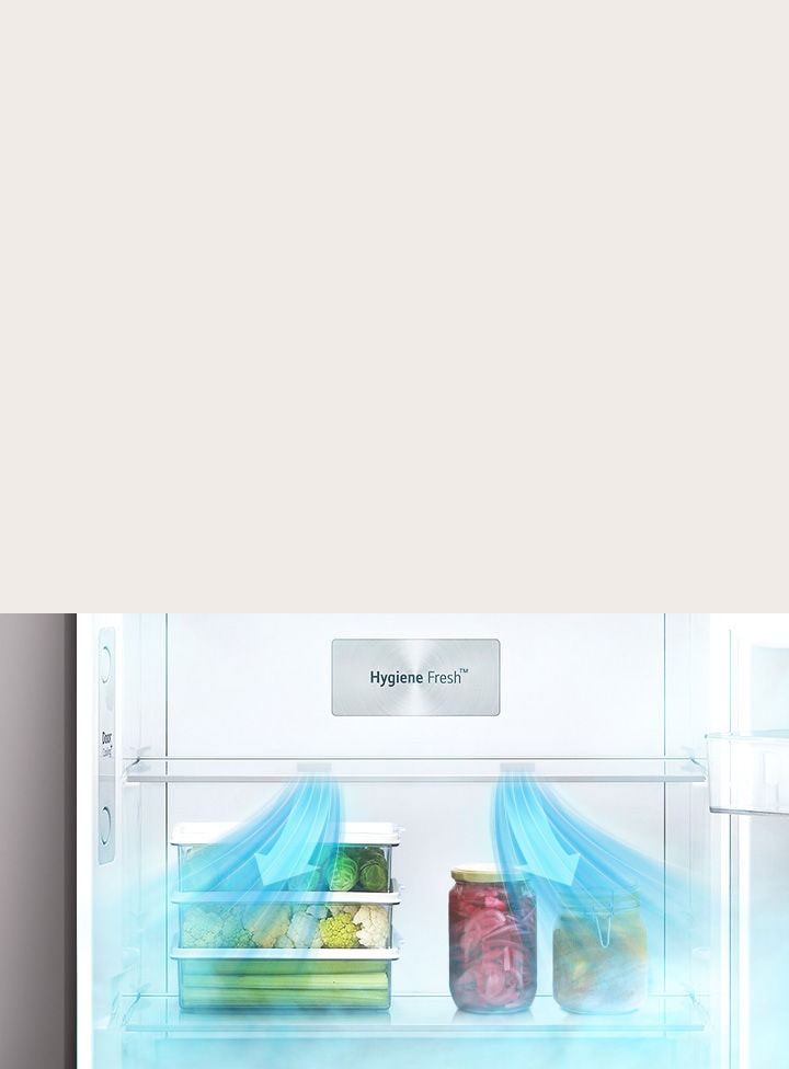 Tampilan close-up Hygiene Fresh menunjukkan penyimpanan sayuran segar dengan pengaturan suhu.