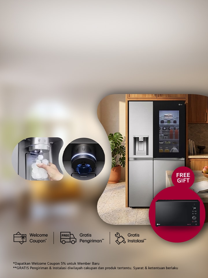 Text: Kulkas Pilihan LG Auto Ice Maker GRATIS Microwave