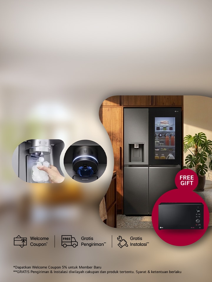 Text: Kulkas Pilihan LG Auto Ice Maker GRATIS Microwave