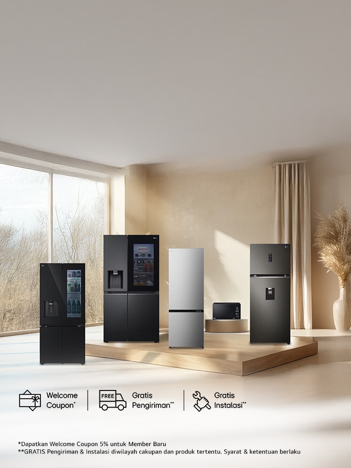 Text: Kulkas Pilihan LG Auto Ice Maker GRATIS Microwave