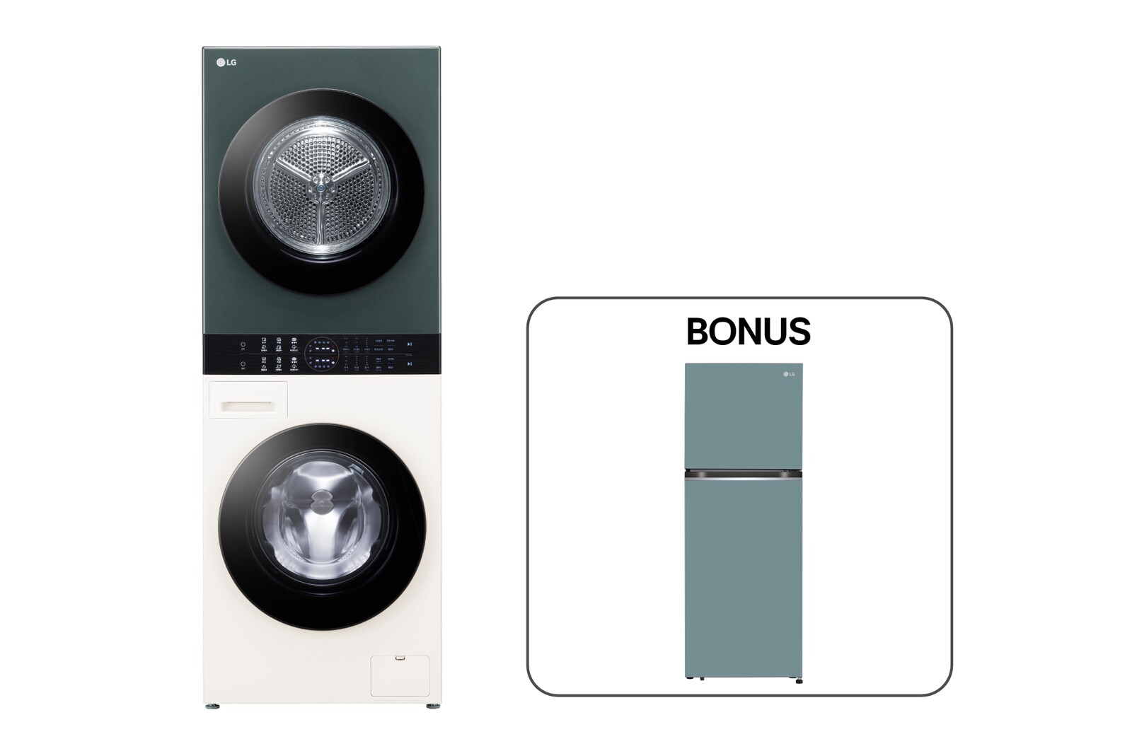 Front view of 14kg/10kg WashTower™ LG Objet Collection | Free Macarons Refrigerator Mint WT14.FB312M