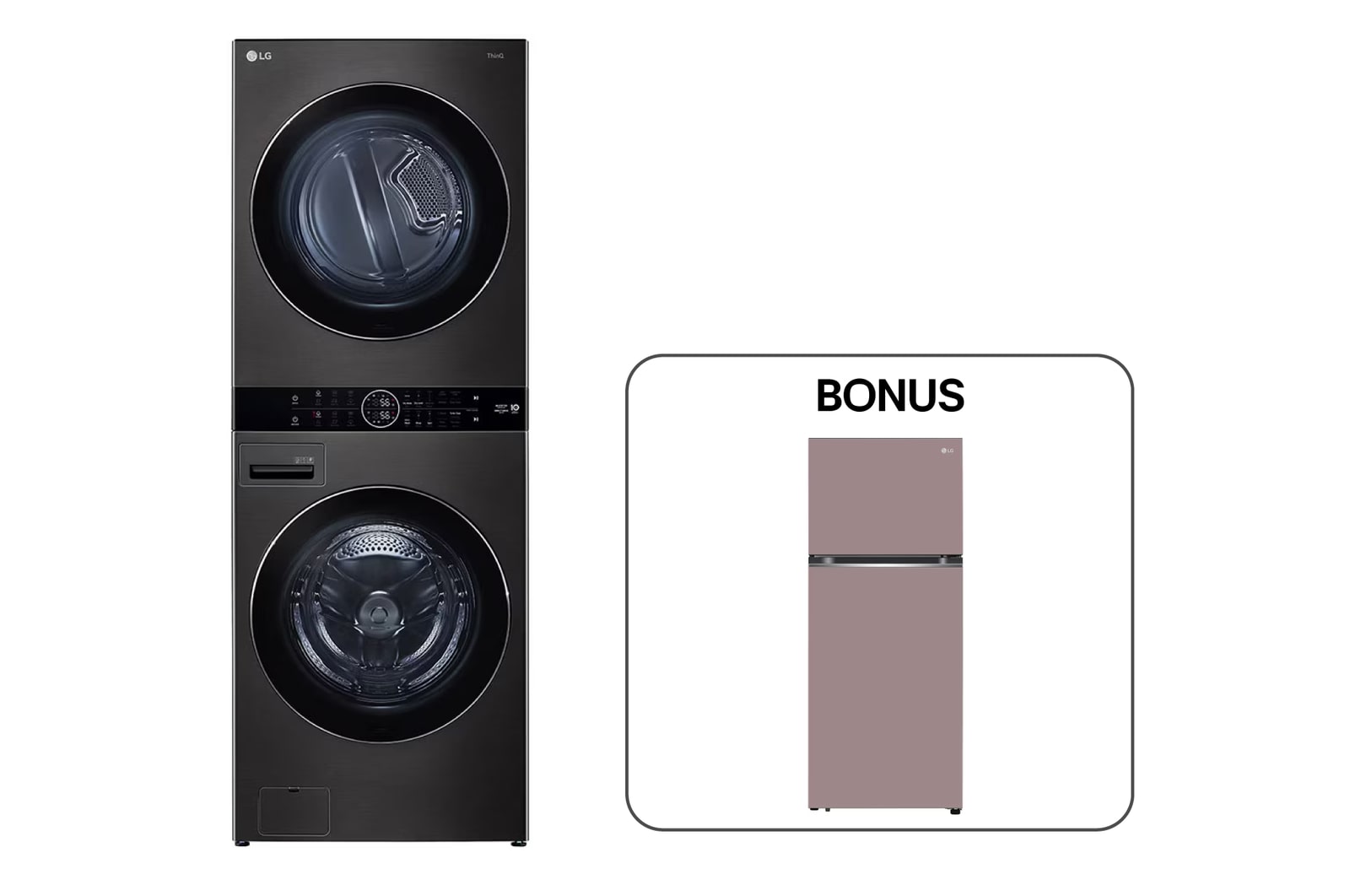 Front view of 21kg/17kg WashTower™ LG | Free Macarons Refrigerator Pink WT21.FB312P
