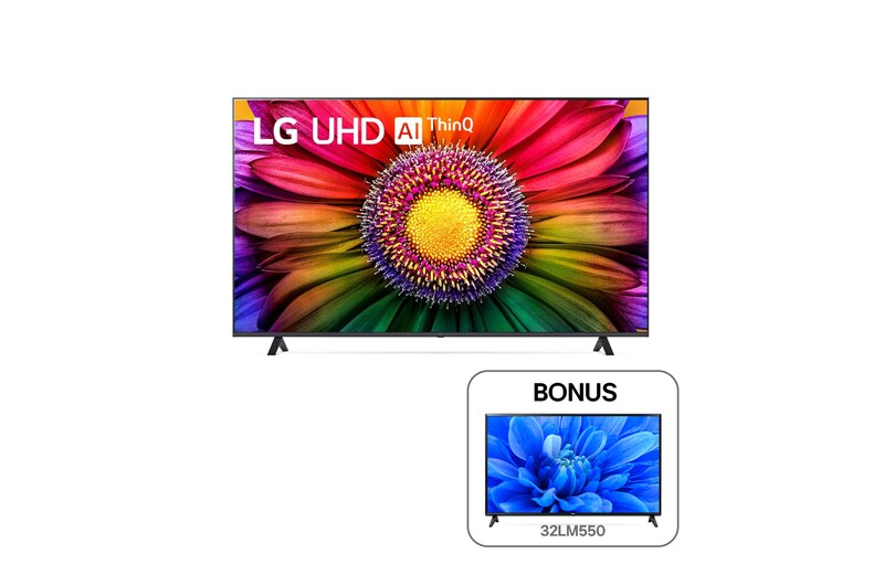 Front view of UHD TV 75UR8050 Free FHD 32LM550 75UR32LM.FGMDL