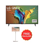 Front view of LG QNED TV, QNED89 with text of LG QNED, 2024, and webOS Re:New Program logo on screen