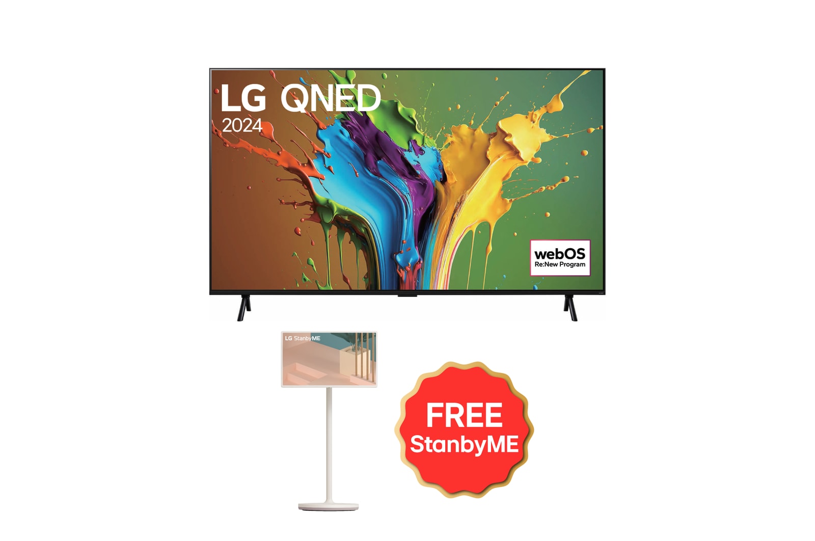 Front view of LG QNED TV, QNED89 with text of LG QNED, 2024, and webOS Re:New Program logo on screen