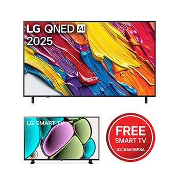 Front view of Smart TV 4K 65 inci LG QNED82 2025 FREE 32" Smart TV HD  65Q8232LR.FGMDL