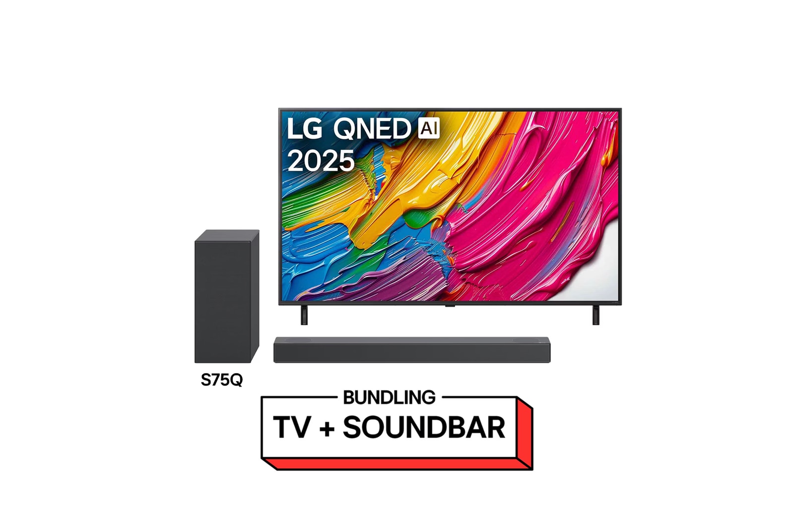 Front view of LG QNED80 TV, LG QNED Al Logo on the top corner. LG QNED TV depicts colorful paintike textures coming together.