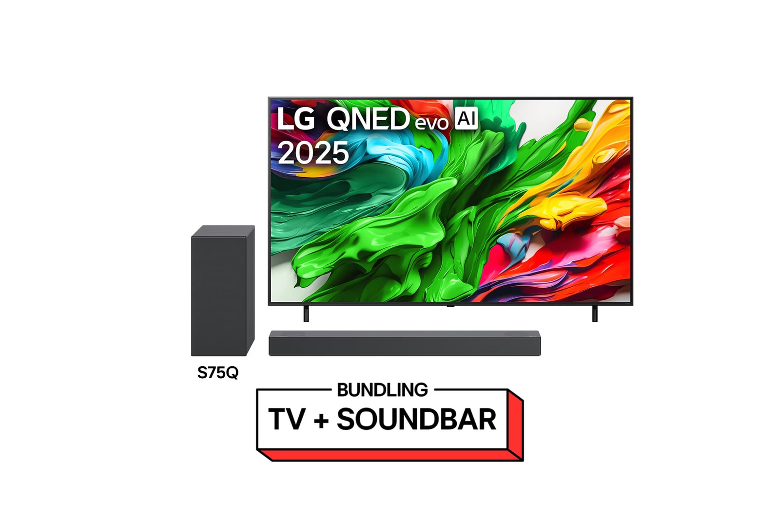 Tampak depan LG QNED evo QNED85 TV, Logo LG QNED evo Al di sudut atas. LG QNED evo QNED85 TV menggambarkan tekstur cat warna-warni yang bersatu.