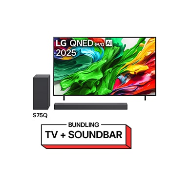 Tampak depan LG QNED evo QNED85 TV, Logo LG QNED evo Al di sudut atas. LG QNED evo QNED85 TV menggambarkan tekstur cat warna-warni yang bersatu.
