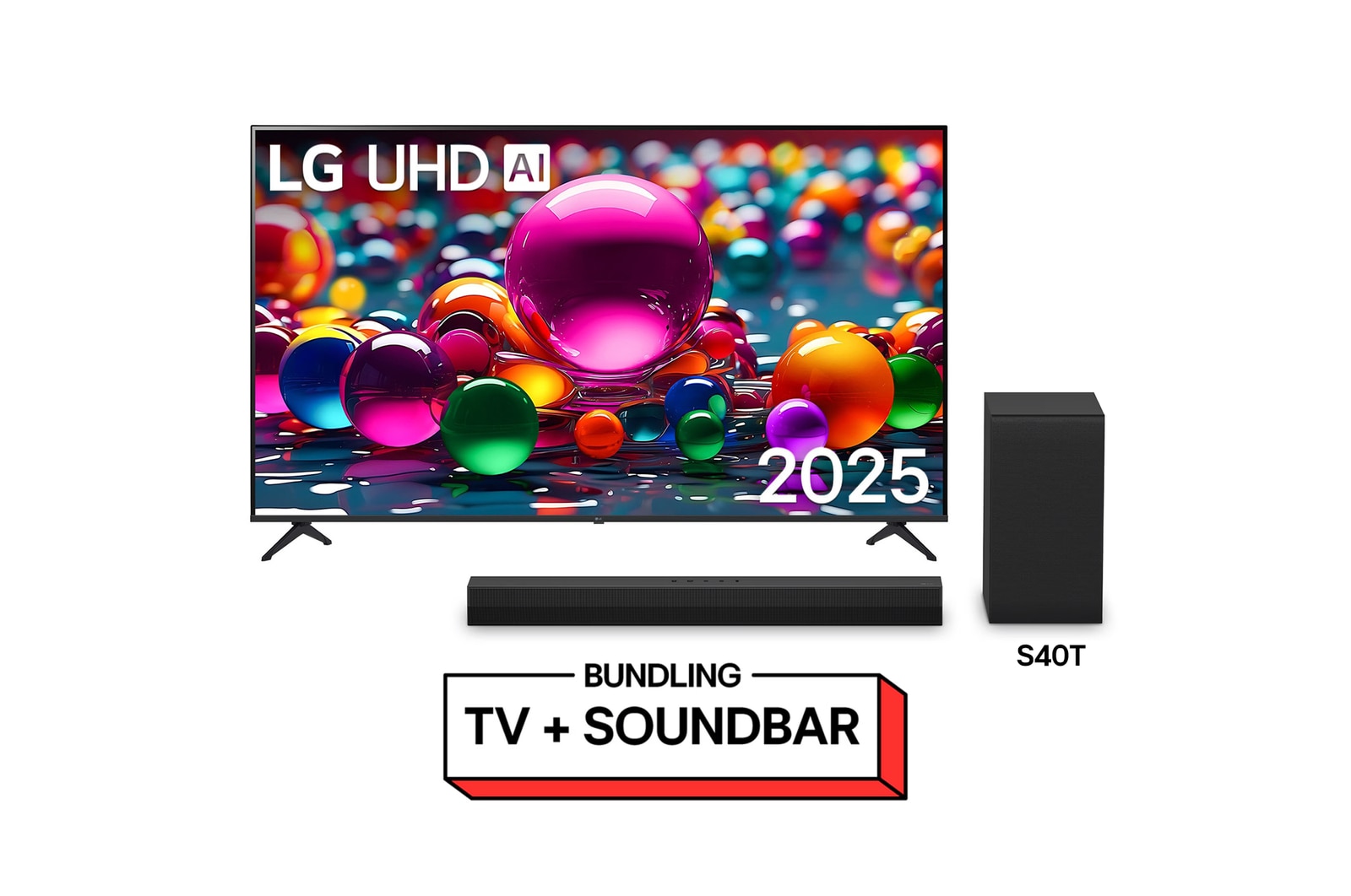 Front view of UHD UA75 TV, LG UHD Al Logo on the top corner. LG UHD TV depicts colorful paintike textures coming together.