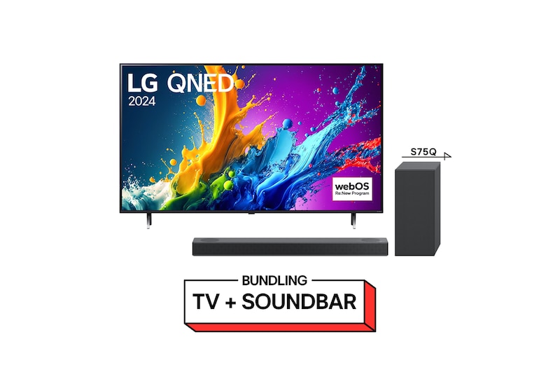 Tampak depan LG QNED TV, QNED80 dengan teks LG QNED, 2024, dan logo webOS Re:New Program di layar