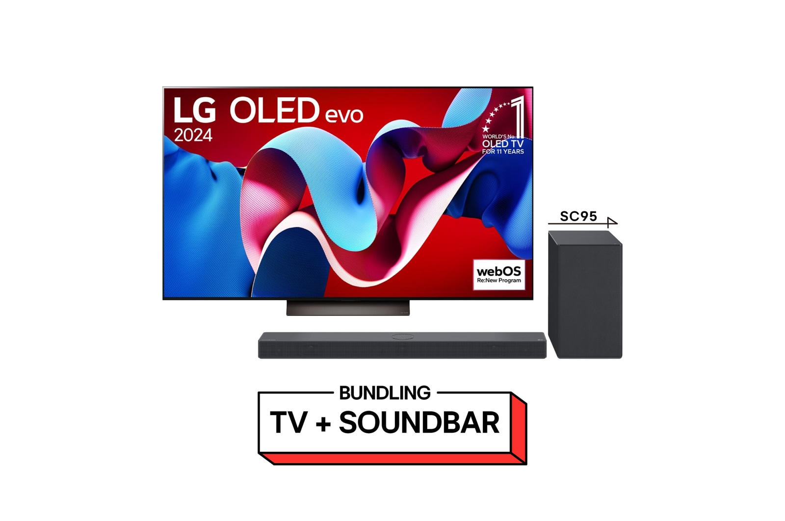 Front view of 77" LG OLED TV Evo C4 & Sound Bar SC9S 77C4SC9S.BNDLG