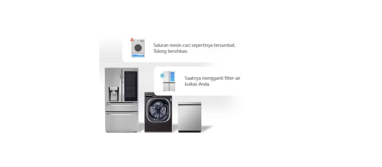 Image shows a refrigerator, washer and dishwasher arranged in a row. There are text boxes containing maintenance tips around them.