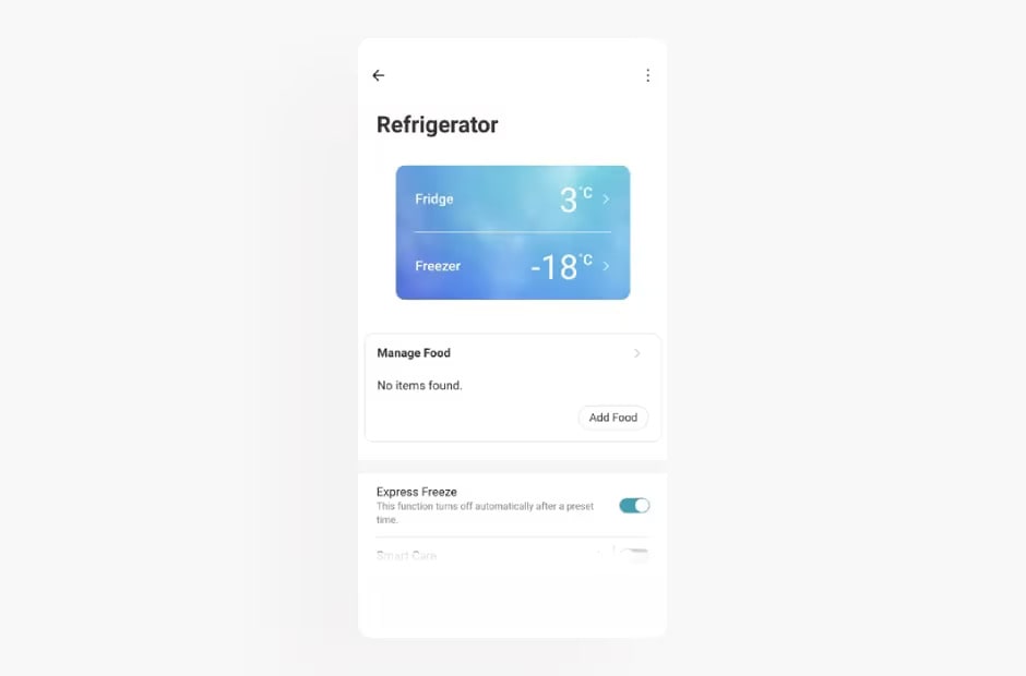 Image shows the refrigerator screen in the LG ThinQ app