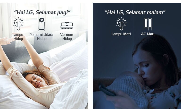 Wanita bangun di atas kasur pada pagi hari (kiri) dan bersama seorang bayi pada malam hari (kanan)