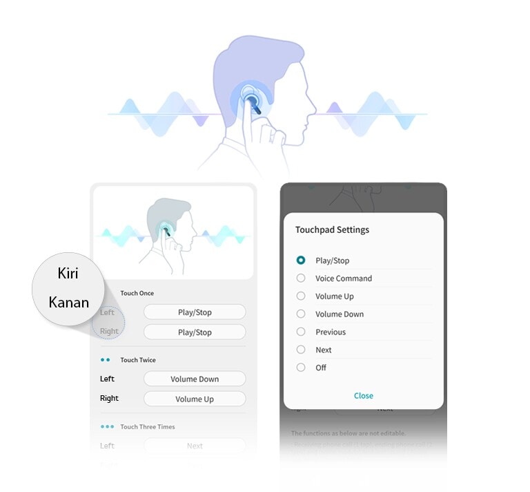 Ilustrasi tampak samping seorang pria yang menyentuh earbud di telinganya. Layar antarmuka aplikasi menunjukkan bahwa orang dapat menyesuaikan pengaturan touchpad untuk earbud kiri dan kanan.
