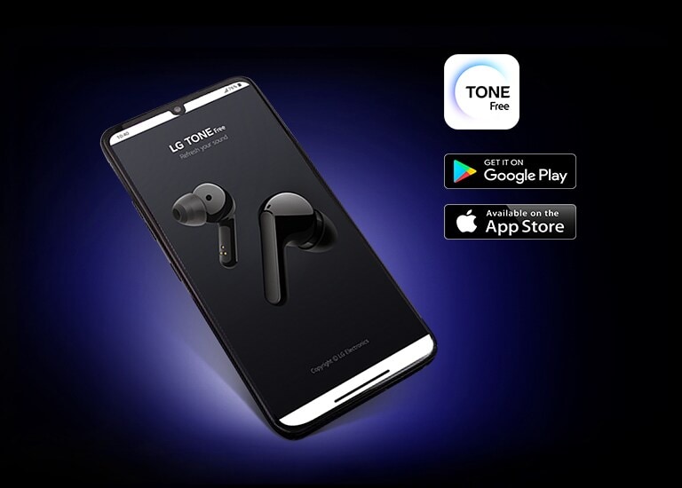 Sebuah smartphone yang menampilkan aplikasi LG TONE Free dengan latar belakang gelap. Ikon aplikasi ditampilkan di sebelah kanan.
