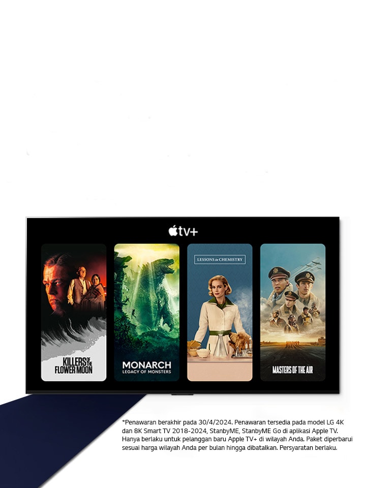 Gambar LG OLED TV. Konten Apple TV+ ditampilkan di layar dan judulnya adalah 'Dapatkan Apple TV+ gratis selama tiga bulan dengan LG Smart TV.'