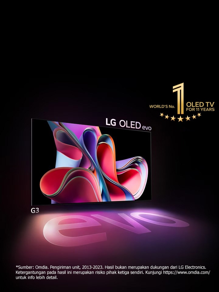 Gambar LG OLED G3 dengan latar belakang hitam yang menampilkan karya seni abstrak berwarna merah muda dan ungu cerah. Layar memancarkan bayangan warna-warni yang menampilkan kata "evo". Lambang "10 Tahun TV OLED No.1 di Dunia" ada di sudut kiri atas gambar. 