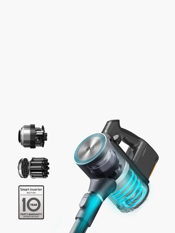 Gambar grafis menunjukkan Motor Smart Inverter dan Axial Turbo Cyclone. Selain itu, kepala vakum dan bagian kepala dibuat transparan untuk menunjukkan Motor Smart Inverter yang terpasang dari dalam.