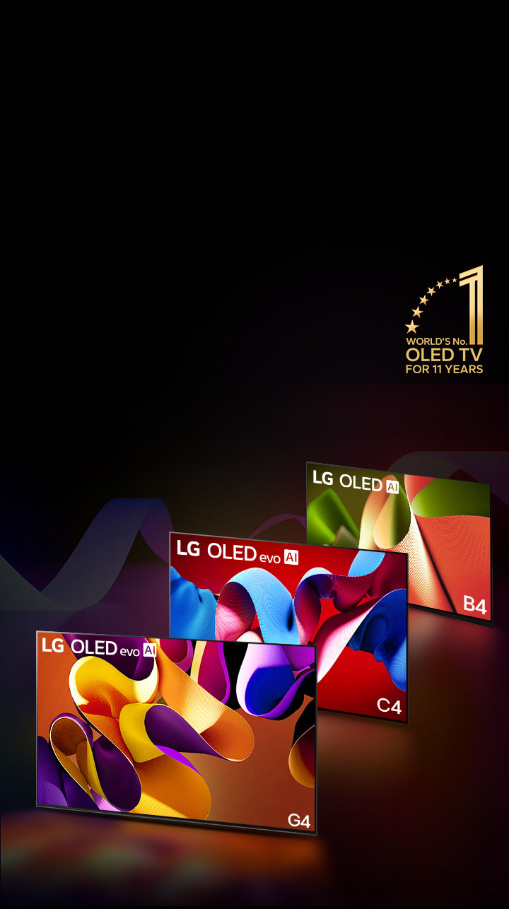 PC: LG OLED evo G4, LG OLED evo C4, and LG OLED B4 side-by-side, each displaying a different-colored abstract artwork on screen. Light casts from each TV to the ground below. A gold emblem of World's number 1 OLED TV for 11 Years at the top right corner. On the other hand, the same images of LG OLED evo G4, LG OLED evo C4, and LG OLED B4 are shown in a row in mobile device. 