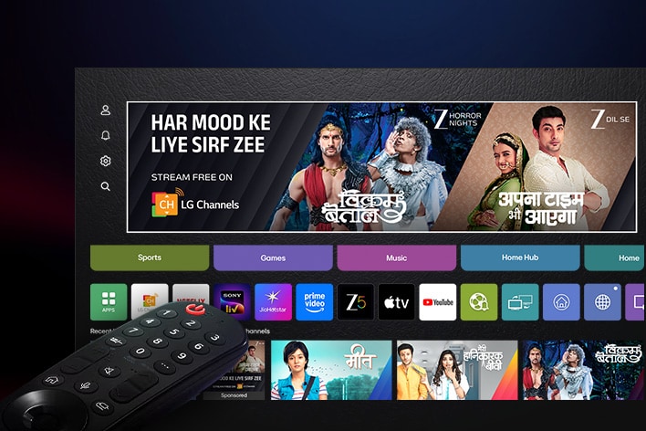 The LG Magic Remote points at an LG TV displaying the WebOS home screen. 