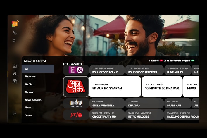 An LG TV shows the LG Channels home screen.