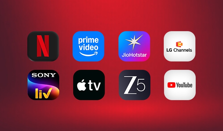 Animated sequence showing logos of Netflix, Prime Video, Disney+, and Apple TV+ floating above a dynamic collage of hit TV shows, highlighting LG Smart TV’s access to global streaming platforms and immersive viewing experience.