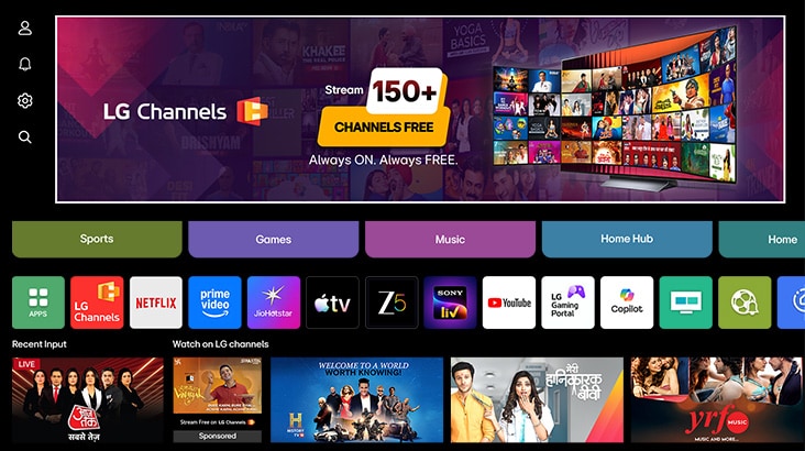 LG Smart TV interface featuring animated category boxes seamlessly transitioning into the webOS home screen, showcasing personalized content access through a unified smart hub.