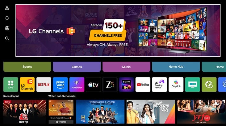 LG Smart TV interface featuring animated category boxes seamlessly transitioning into the webOS home screen, showcasing personalized content access through a unified smart hub.