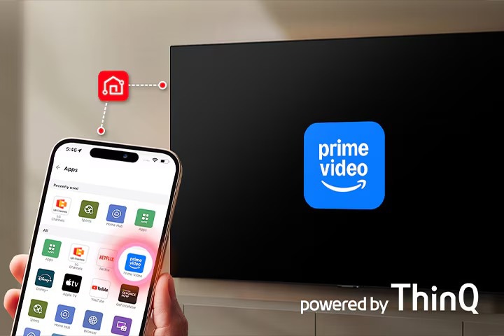 Person holding a smartphone with LG ThinQ app open in front of an LG Smart TV displaying the Prime Video logo, illustrating one-tap app launching from phone to TV.