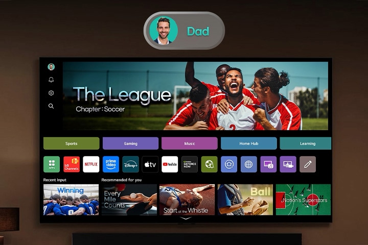 LG Smart TV with webOS home screen on the right and a floating profile image on the left transitioning from dad to mom, highlighting personalized user accounts and tailored content recommendations.
