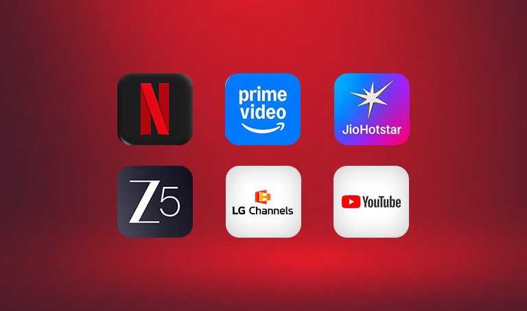 Animated sequence showing logos of Netflix, Prime Video, Disney+, and Apple TV+ floating above a dynamic collage of hit TV shows, highlighting LG Smart TV’s access to global streaming platforms and immersive viewing experience.