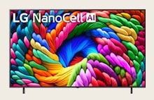 LG NanoCell TV with colorful artwork and LG NanoCell AI 2025 title featured on the screen.