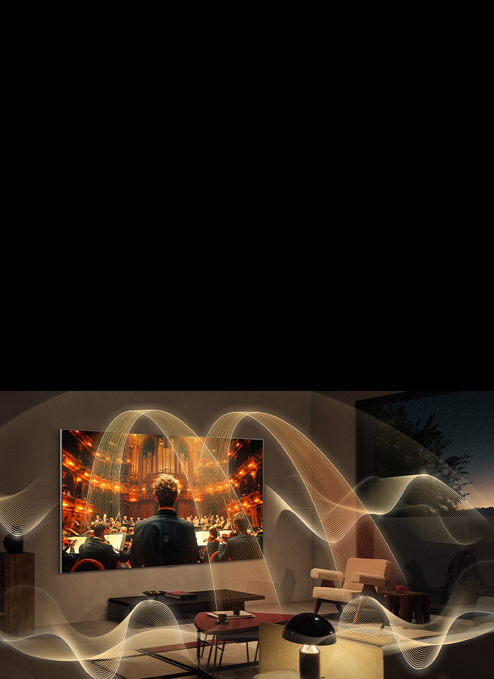 Living room with an LG TV. Graphic representations of sound waves fill the whole space showing the rich surround sound from virtual 11.1.2 channels. 