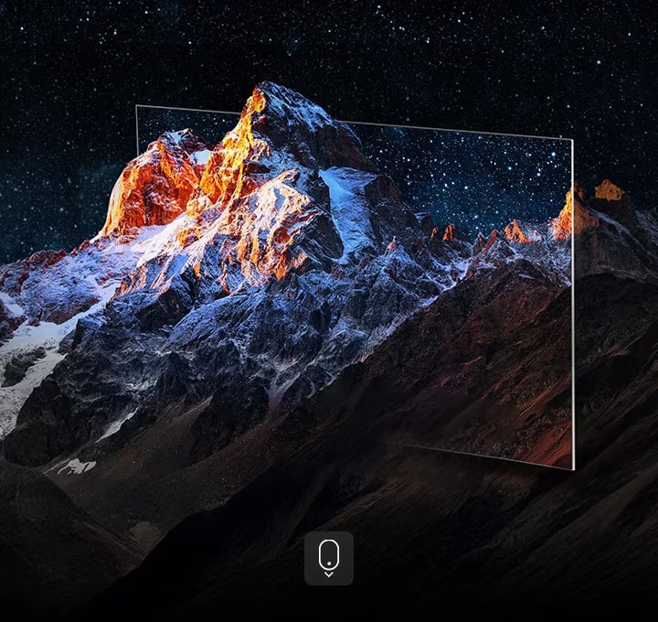 Mountain range with the frame of a TV around it as a creative way to highlight a large TV screen size. With the label 100 inches.