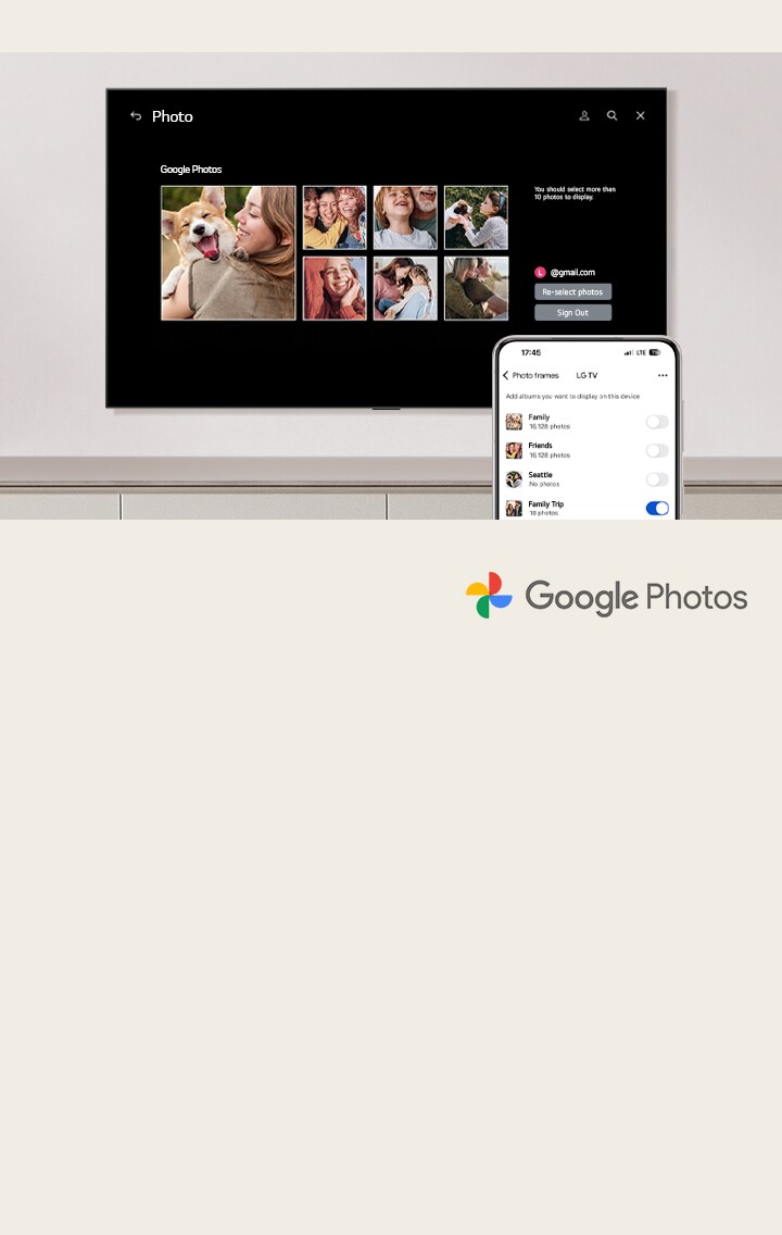 A wall-mounted LG TV with a cellphone in the foreground. The process of setting up Google Photos on the LG TV is shown. 