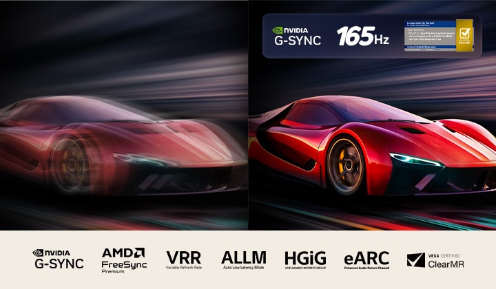 Two images of a car in a video game side-by-side. One shows a lot of motion blur. The other is sharp and in-focus showing the high frame rate of LG OLED TV. Nvidia G-Sync logo, 165Hz logo, the 0.1ms response time Intertek badge, and other relevant certifications are visible. 
