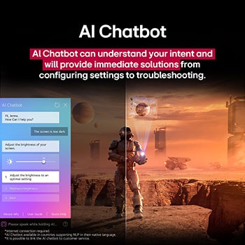 Sci-fi content is playing on an LG TV screen. On the screen is the AI Chatbot interface. The user messaged the chatbot saying that the screen is too dark. The chatbot offered solutions to the request. The whole scene is also split in two. One side is darker, the other side is brighter, showing how AI Chatbot solved the issue for the user automatically. Text explains AI Chatbot can understand user intent and provide solutions to troubleshoot.